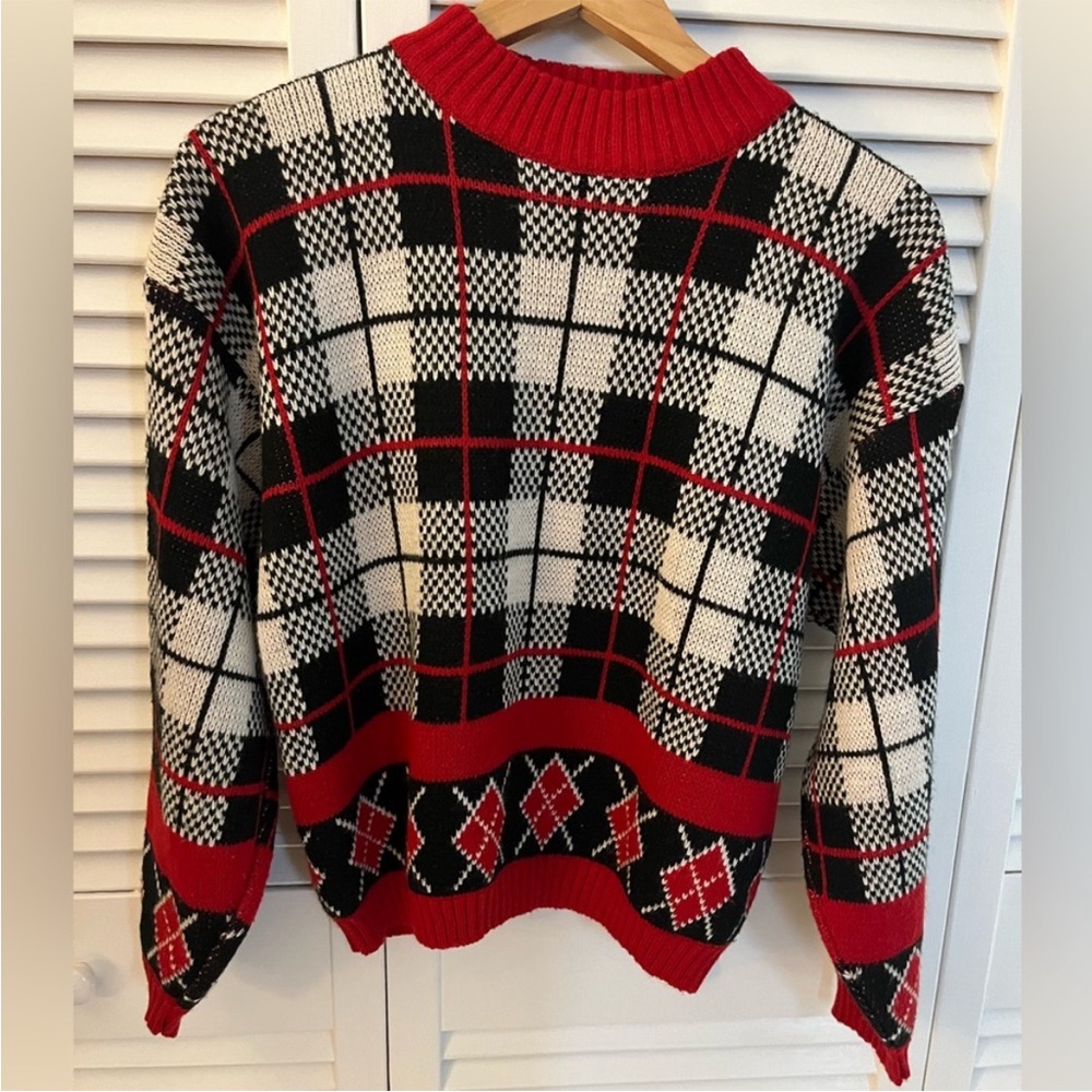 Objectives Argyle Plaid Sweater Sz S Red Black White Acrylic Preppy Vintage 80s